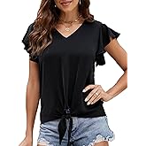 VIMPUNEC Casual Tie Front Blouses Chiffon Ruffle Sleeve Tops for Women Dressy Summer Shirts