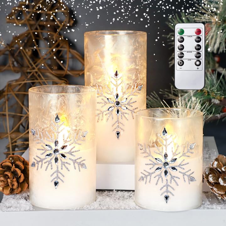 Photo 1 of Immeiscent Christmas Flameless Candles, Jeweled Snowflake Iced Glass Candle, LED Flickering Pillar Candle with Timer&Remote for Xmas,Home Decor,Holiday,Set of 3 (D 3” X H 4” 5” 6”)