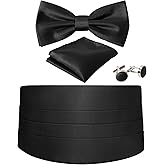 Cummerbund and Bow Tie Set Solid Color Adjustable Formal Men's Black Cumberbund Bowtie Cufflinks Set & Pocket Squares