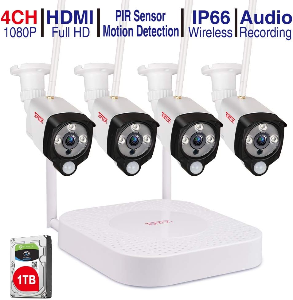 [Audio+PIR] Tonton 1080P Wireless Home Security Camera System,4CH Full HD 1080P Network WiFi NVR with 1TB HDD and 4PCS 2.0MP Outdoor Bullet IP Cameras,Motion Alerts with Snapshot,Easy Installation