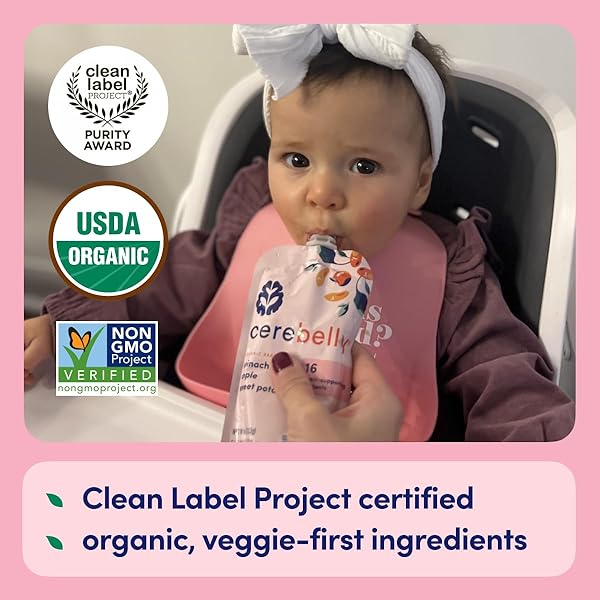 CEREBELLY BABY FOOD POUCHES – ORGANIC VEGGIE PUREES FOR TODDLERS | NO ADDED SUGAR, FIBER, NON-GMO | BLENDED TODDLER POUCHES | 4 OUNCE BPA-FREE POUCH | SPINACH APPLE SWEET POTATO | 6 COUNT
