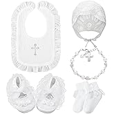 5 Pcs Christening Bib for Baby Girl White Baptism Bib Christening Socks Shoes Baby Bonnet Lace Hat Cross Charm Bracelet Baptism Outfits for Toddler Infant First Communion Gift