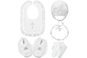 BUNNYCOOL 5 Pcs Christening Bib for Baby Girl White Baptism Bib Christening Socks Shoes Baby Bonnet Lace Hat Cross Charm Bracelet Baptism Outfits for Toddler Infant First Communion Gift