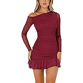 OOQONQ Women's Fall Off The Shoulder Long Sleeve Bodycon Ruched Mini Dress Mesh Ruffle Hem Cocktail Club Party Dresses