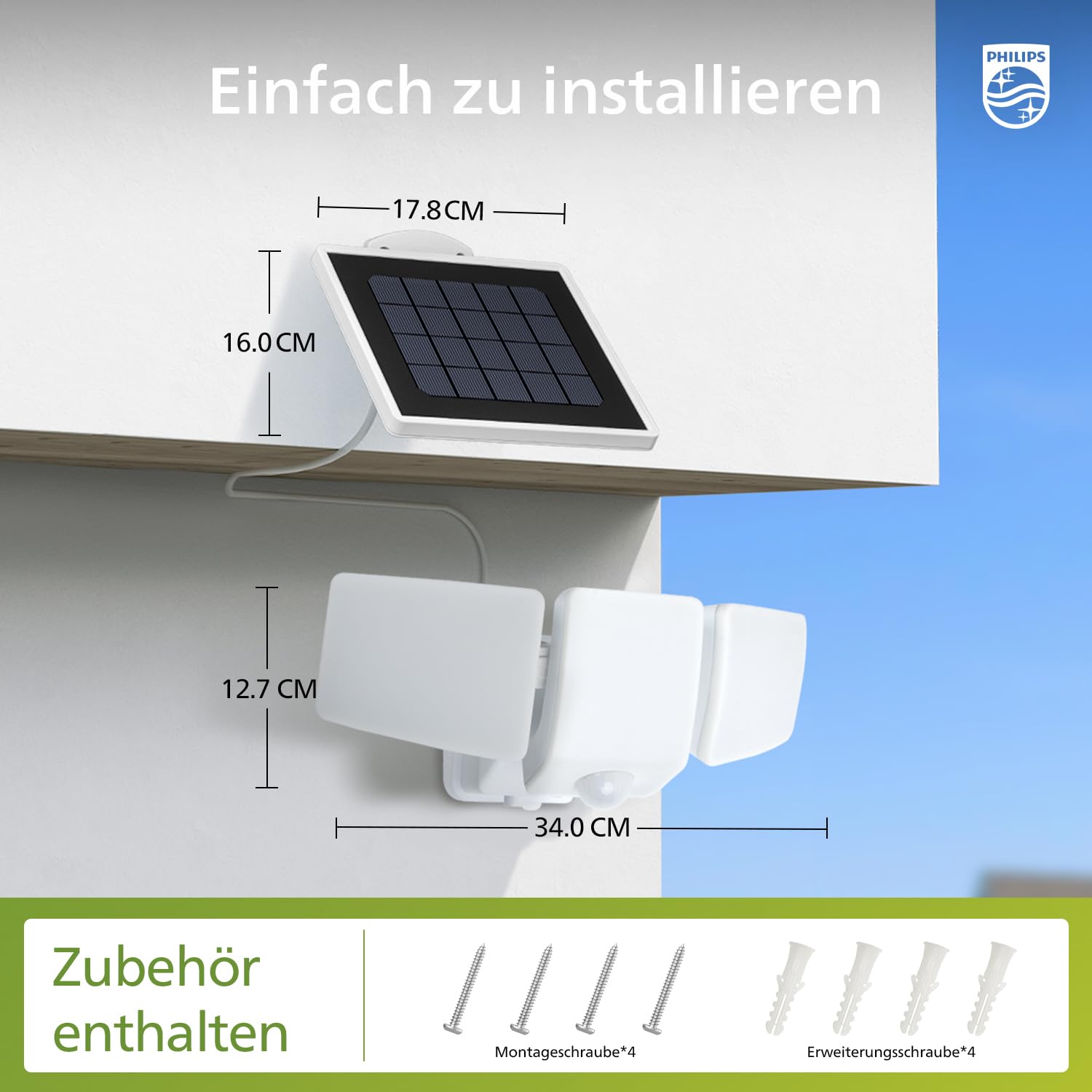 Philips 3600LM Solarlampen für Außen mit Bewegungsmelder, 5000K Wasserdichte Dimmbare LED, 3 Verstellbare Köpfe mit 5m Kabel, Separate Solarpanel mit 3 Modi Solar-Fluter für Hof, Garage 8