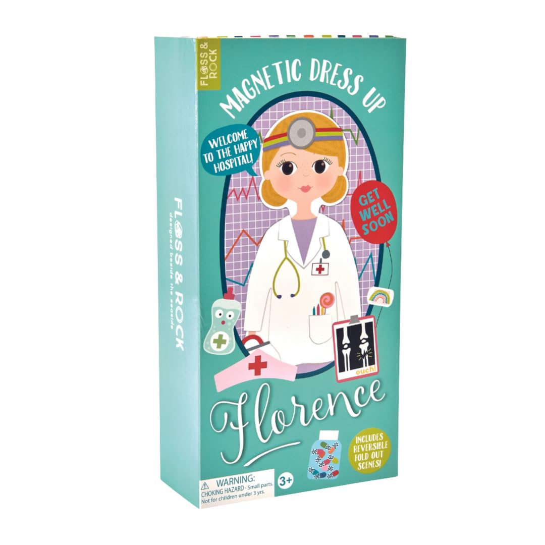 Floss & Rock Magnetic Florence Doll - 40-Piece Wooden Educational Dress-Up Set - Doctor, Nurse, and Patient Outfits - Montessori Toy with Reversible Scene & Easy Storage Creative Play for Kids Ages 3+