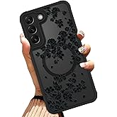 OOK Case Fit for Samsung Galaxy S22 Plus 6.7 Inch (Wireless Charging Compatible) Black Floral Flowers Design Translucent Phone Cover Soft TPU + Hard PC Anti-Scratch Shockproof Magnetic Case for Women