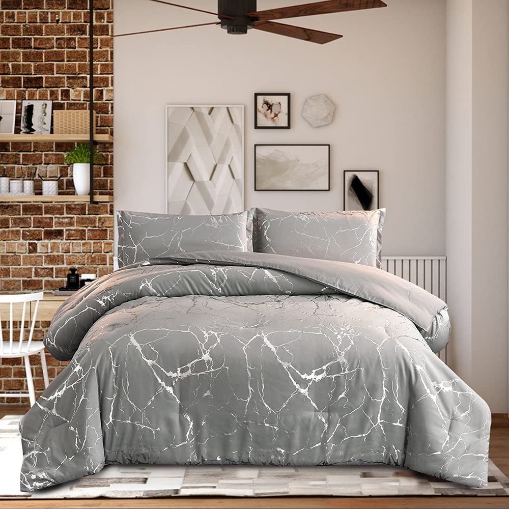 Photo 1 of (see all images) Holawakaka Silver Metallic Marble Comforter Set Queen Size Glitter Bedding Set, Grey/Silver