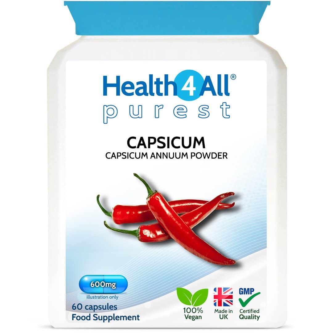 Health4All Capsicum 600mg per Capsule, 60 Capsules 2 Months Suppy, Pure High Strength Cayenne Pepper Supplement Contains Capsaicin, Vegan Joint Support Supplement | Made in UK