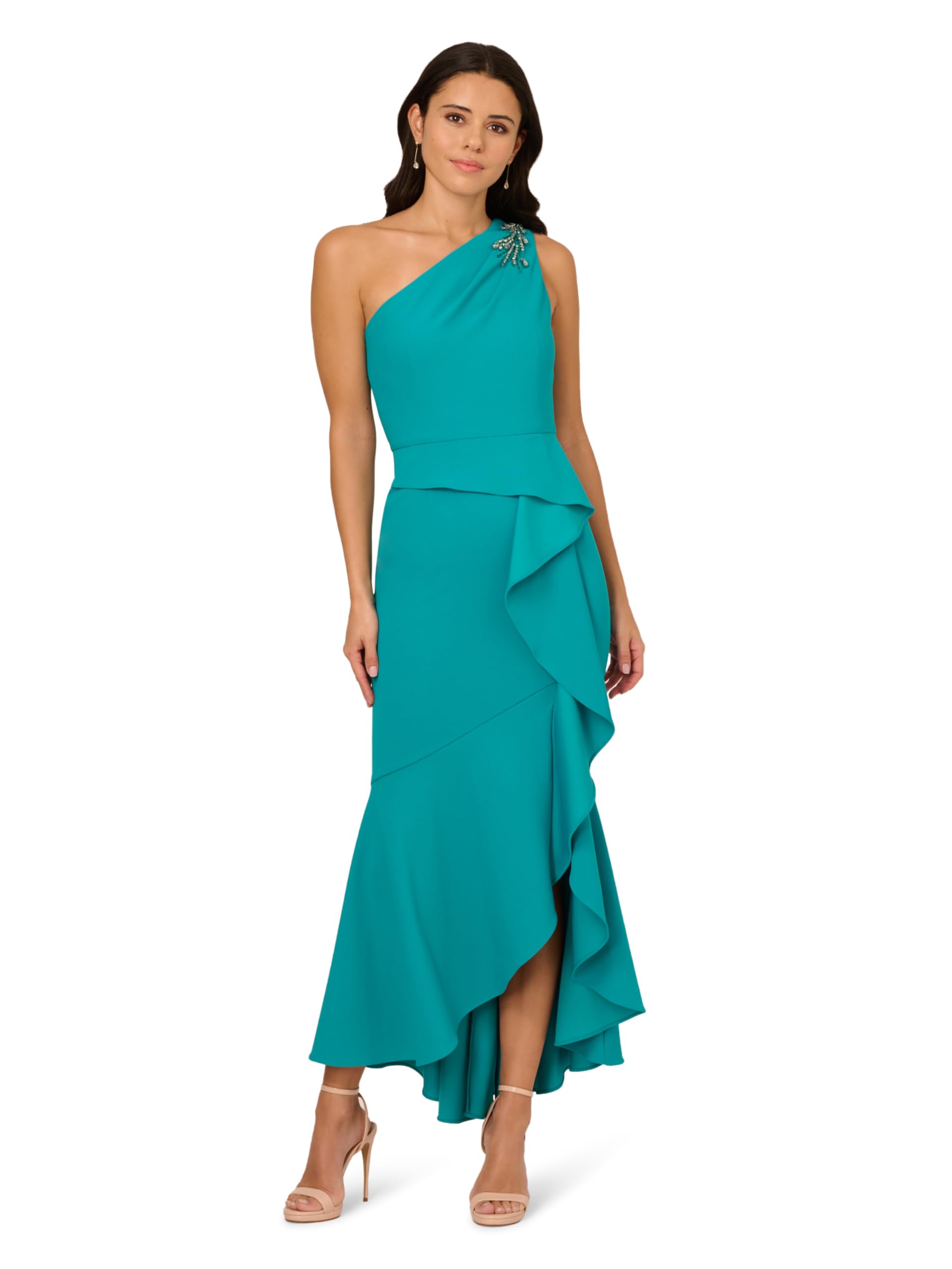Papell Studio Women’s Beaded Knit Crepe Gown, Teal Lagoon, 18