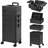 Professional Rolling Makeup Case, Cosmetology Case on Wheels 4 in 1 Large Cosmetic Train Case, Ideal Gift for Hairstylist, Nail Techs, Portable Beauty Organizer for Travel or Salon Use,Black
