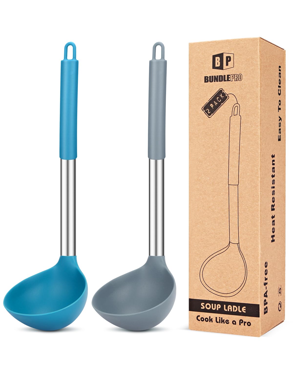 Pack of 2 Ladle Spoon,Silicone Large Spoons for Soup,Non Stick Kitchen Utensils with High Heat Resistant,BPA Free Perfect Kitchen Tools for Cooking, Stirring,Serving Soups (Gray-Blue) — image 1