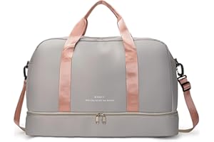 FOAN & MABLE Light Gym Bag with Shoe Compartment, Large Capacity Sports Travel Duffle Bag with Wet Pocket for lady Weekender Overnight Aircraft Bag （Grey）