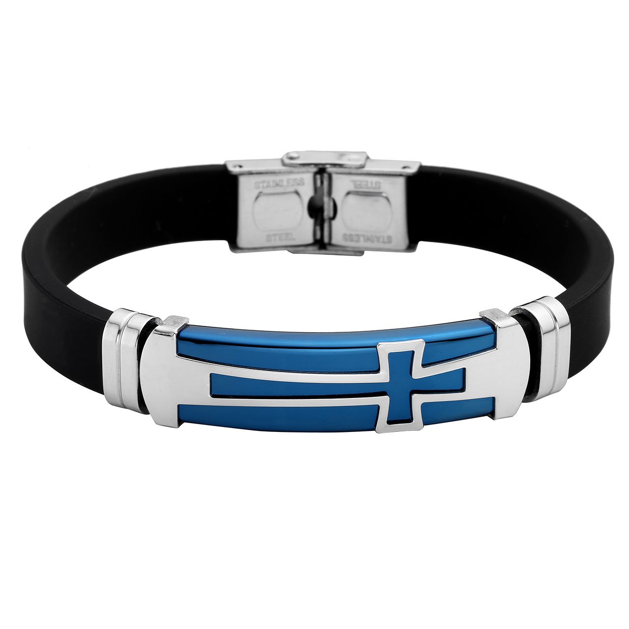 PiercingJ - Bijoux Bracelet en Caoutchouc Poli Croix Lien Poignet Chaine de Main Biker Motard Acier Inoxydable Classique Couple Amoureux Cadeau Valentin avec Boite Cadeau