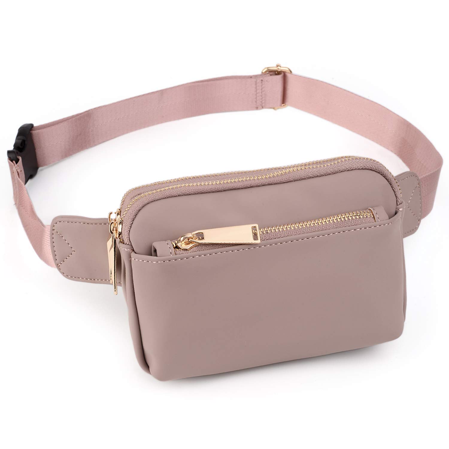 Bumbags for Ladies Sports Travel Fanny Pack Women Men Fashion Waist Packs Mother Mum Fits Mobile Phone Golden Zippers Waterproof Vegan Leather by UTO Pale Mauve