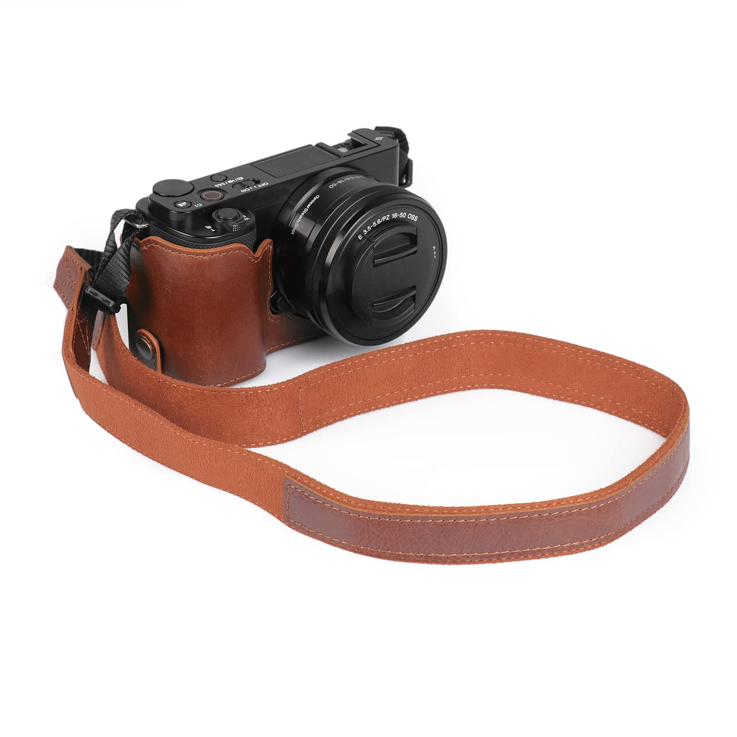 MegaGear MG2014 Ever Ready Genuine Leather Camera Half Case Compatible with Sony ZV-E10 (Brown)