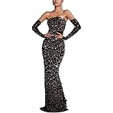 PORRCEY Women's Hot Drilling Craft Sexy Long Sleeve Mesh See Through Party Club Night Rhinestone Dress