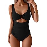 Eomenie Women's One Piece Swimsuit Tummy Control Ruched Bathing Suit Cutout V Neck Swimwear High Cut Tie Back Swim Suit