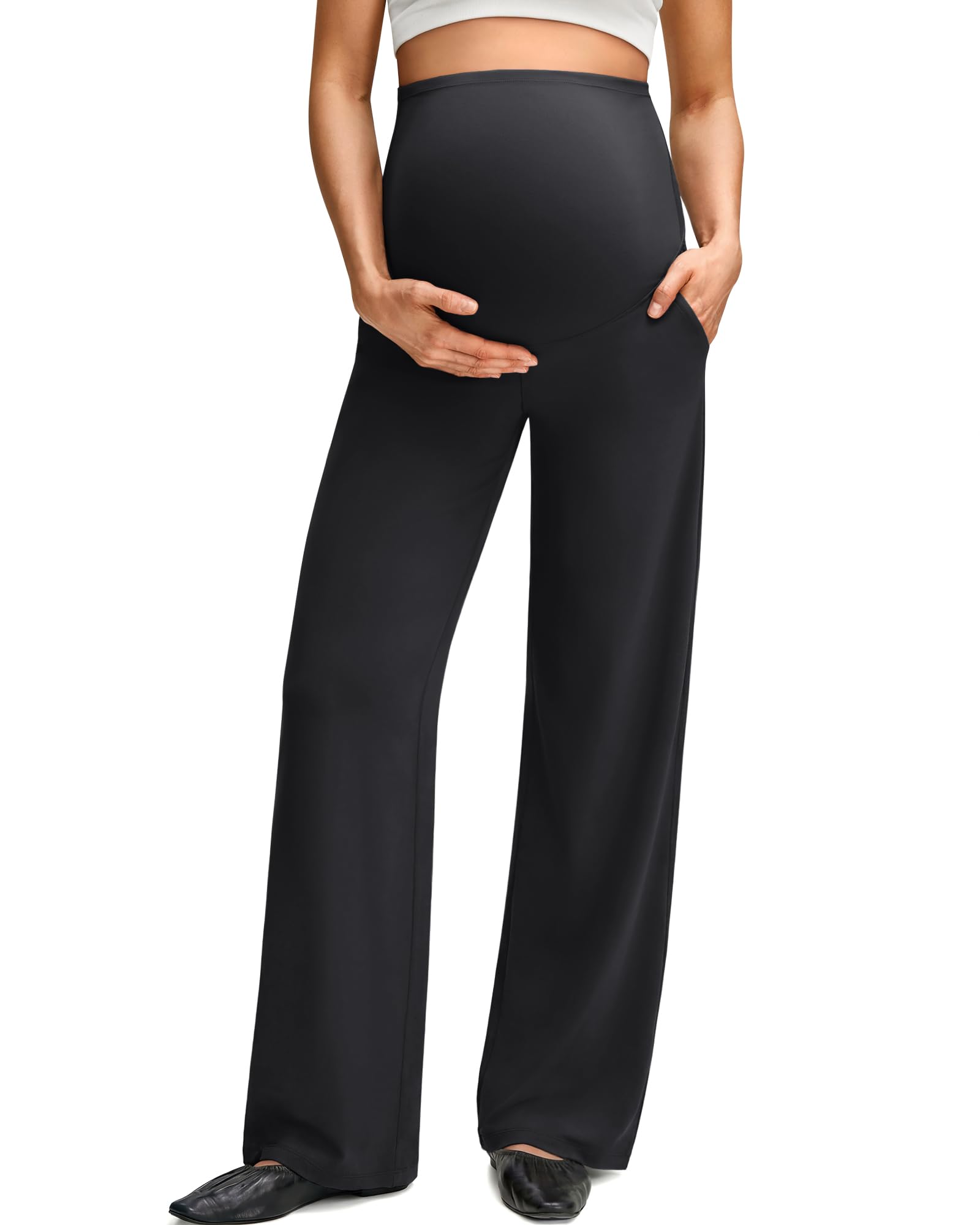 Photo 1 of G4Free Maternity Work Pants with Pockets Pregnancy Outfits Yoga Dress Pants Stretchy Over The Belly Business Casual Office Wear(Black,XL,Petite)