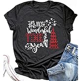DESFSE Merry Christmas Shirts for Women Christmas Short Sleeve Tshirt Xmas Buffalo Plaid Tree Cute Graphic Print Tee Tops