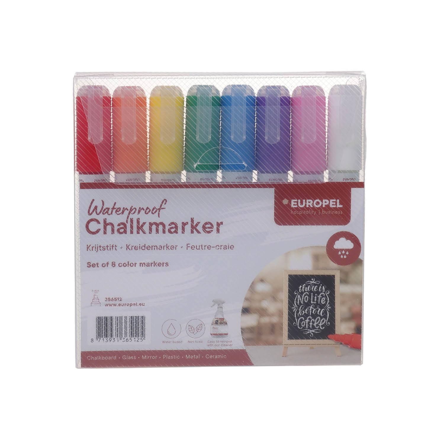 EUROPEL Chalk Markers Set of 8 Colours, 6 mm Tip Waterproof – Chalk Pens for Windows, Chalkboards, Glass and Signs, Professional Chalk Marker for Restaurants, Retail and Office Use Indoor Outdoor