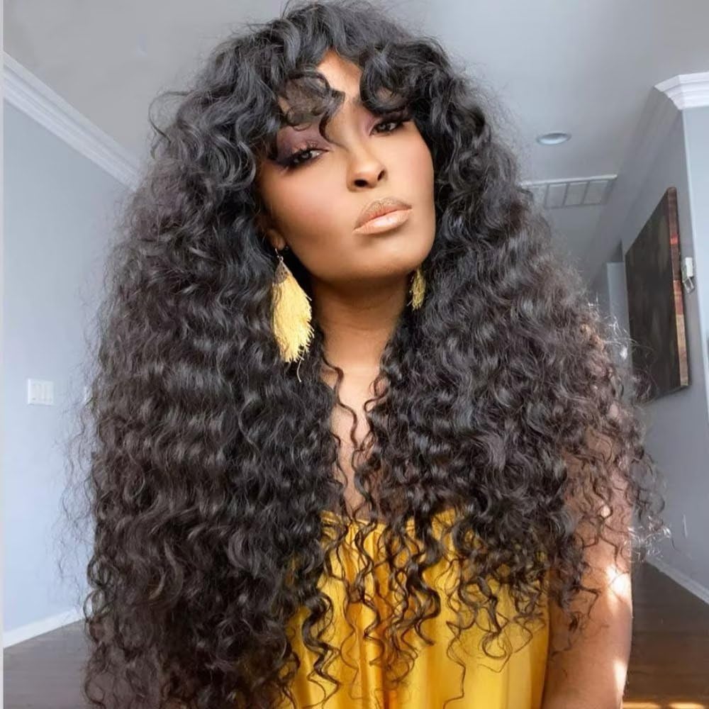 Kinky Curly Human Hair Wigs with Bangs None Lace Front Wigs Human Hair for Black Women 150% Density Machine Made Brazilian Virgin Hair Wigs Natural Color 26 inch