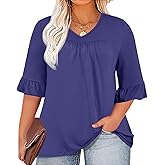Chulianyouhuo Womens Plus Size Tops 3/4 Sleeve Casual Shirts V Neck Ruffle Loose Fit Tunic Blouse XL-5X