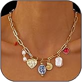 Gold Charm Necklace for Women Summer Charm Necklace Trendy Heart Pearl Flower Conch Pepper Pendant Necklace Paper Clip Choker Necklace Beach Jewelry Gifts