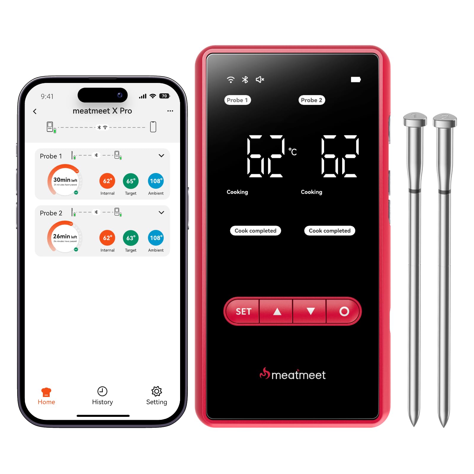 Meatmeet Fleischthermometer kabellos mit Bluetooth & WLAN, 2 Sonden 6 Sensoren, Einteiliges Edelstahldesign, IP69 Wasserdicht, 582°C Hitzebeständigkeit, Grill Ofen Küche Heißluftfritteuse (X Pro)