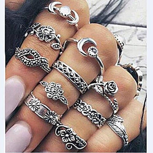 SKYEO Punk Vintage Bohemian Ring Hippie Stone Joint Ring Set for Women 11pcs/Set