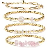 SHINUS BOHO Dainty Pearl Gold Beaded Crystal Beaded Bracelet Stack for Women,Bohemian Stretch Energy Gemstones Paperclip Link Stackable Bracelets Set Fashion Jewelry Gift