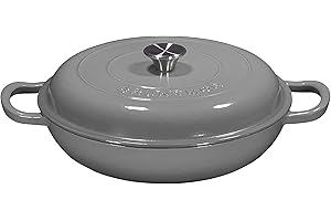 Enameled Cast Iron Shallow Casserole Braiser Pan with Cover, Cast Iron Covered Casserole Skillet 3.8-Quart, Enameled Grey