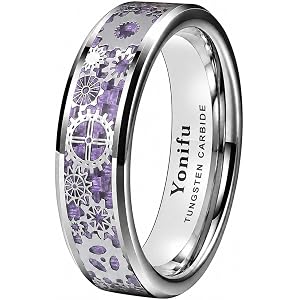 YONIFU Couple Tungsten Carbide Rings for Men Women, 8mm Blue & 6mm Purple Gear Inlay Wedding Bands, Matching His and Hers Pro