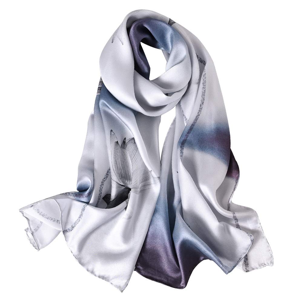STORY OF SHANGHAI Womens 100% Natural Mulberry Silk Scarf Multi-use Scarves for Ladies,White Lotus Flower