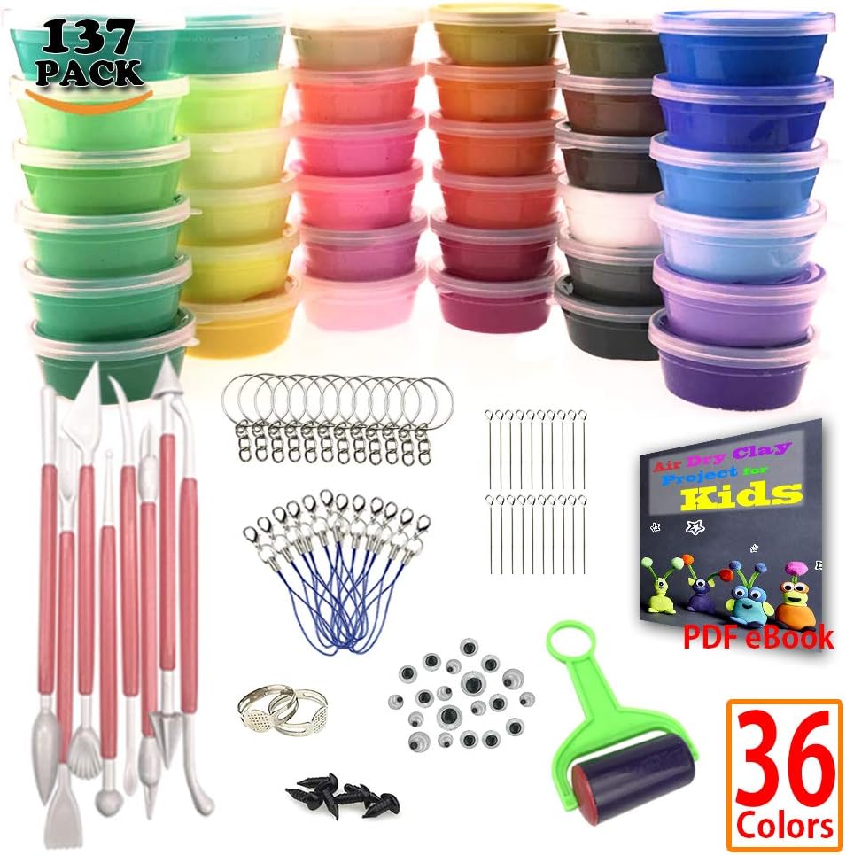 Sthabt - 36 Colors Air Dry Clay for Kids Ultra Light DIY Doll Making Craft Dough Kit with Modeling Tools Keychain Cellphone Strap Fun Gift (137pcs)