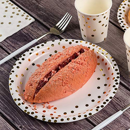 200PCS Gold Dot Disposable Paper Plates,Cups and Napkins, Tableware Sets Include 50 Dinner Plates, 50 Dessert Plates, 50 9 oz Paper Cups, 50 Luncheon Napkins, for Baby Shower Birthday Wedding Party - Thumbnail 2