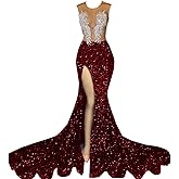 Ikerenwedding Sparkly Sequin Prom Dress Beaded Applique Pageant Celebrity Split Mermaid Evening Gown
