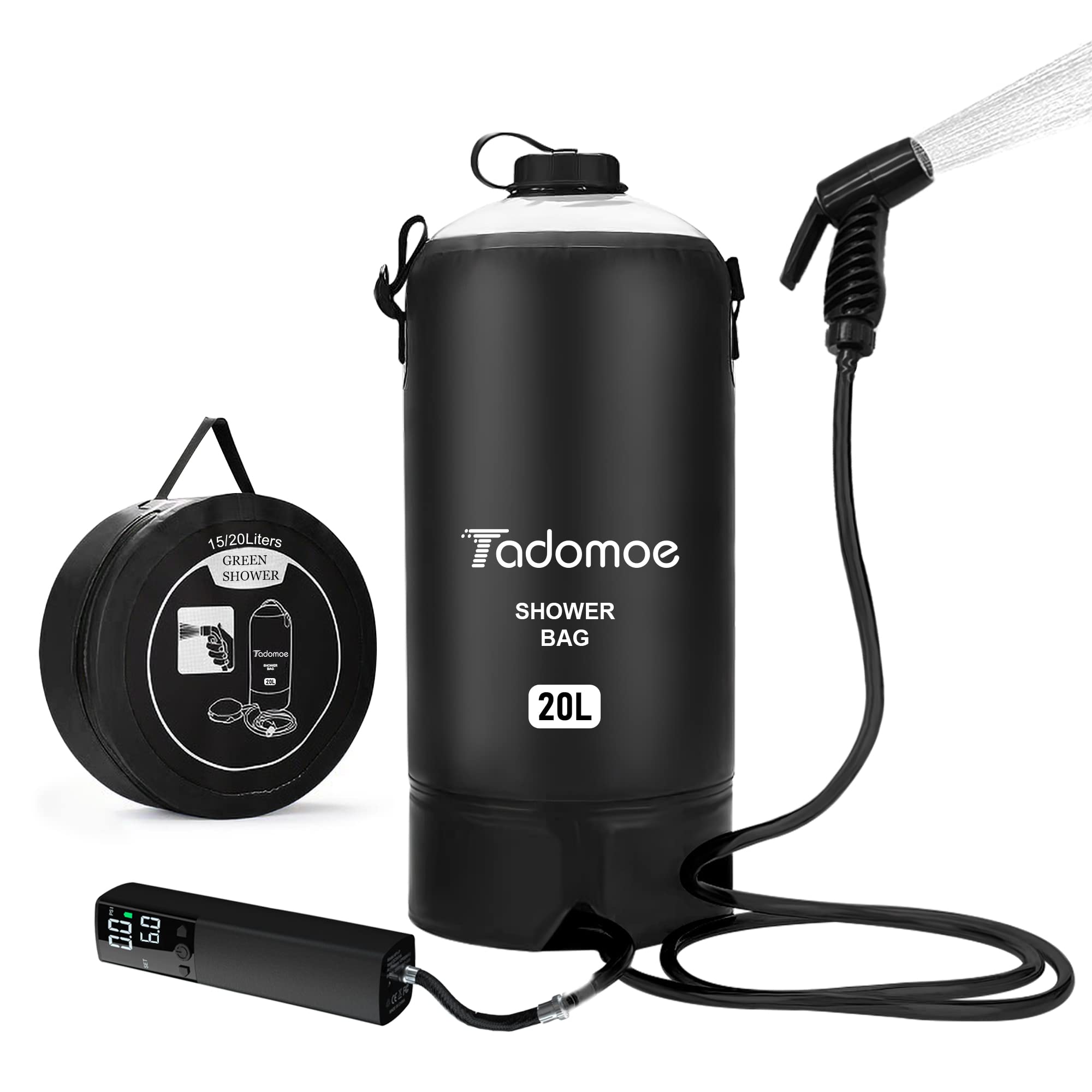 Tadomoe Camping Shower, 5Gallons/20L Portable Shower with Smart Pump, Camping Shower Portable with Handy Nozzle, Outdoor Solar Shower for Beach Camping Hiking Trip