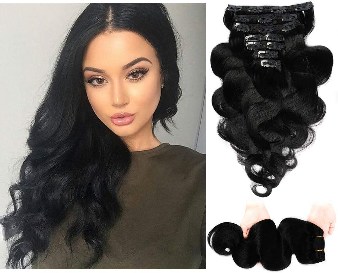 FAAAL 16" Clip in Human Hair Extensions Full Head 130g 7 Pieces 16 Clips Jet Black Double Weft Brazilian Real Remy Hair Extensions Thick Body Wave Silky (16" 130g, #1)
