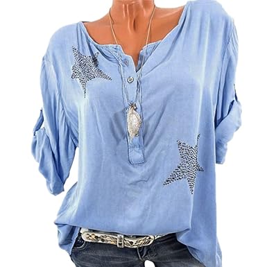 ReooLy Frauen-Knopf Fünfzackiger Stern Heißes Bohrer Plus Size Tops Bluse
