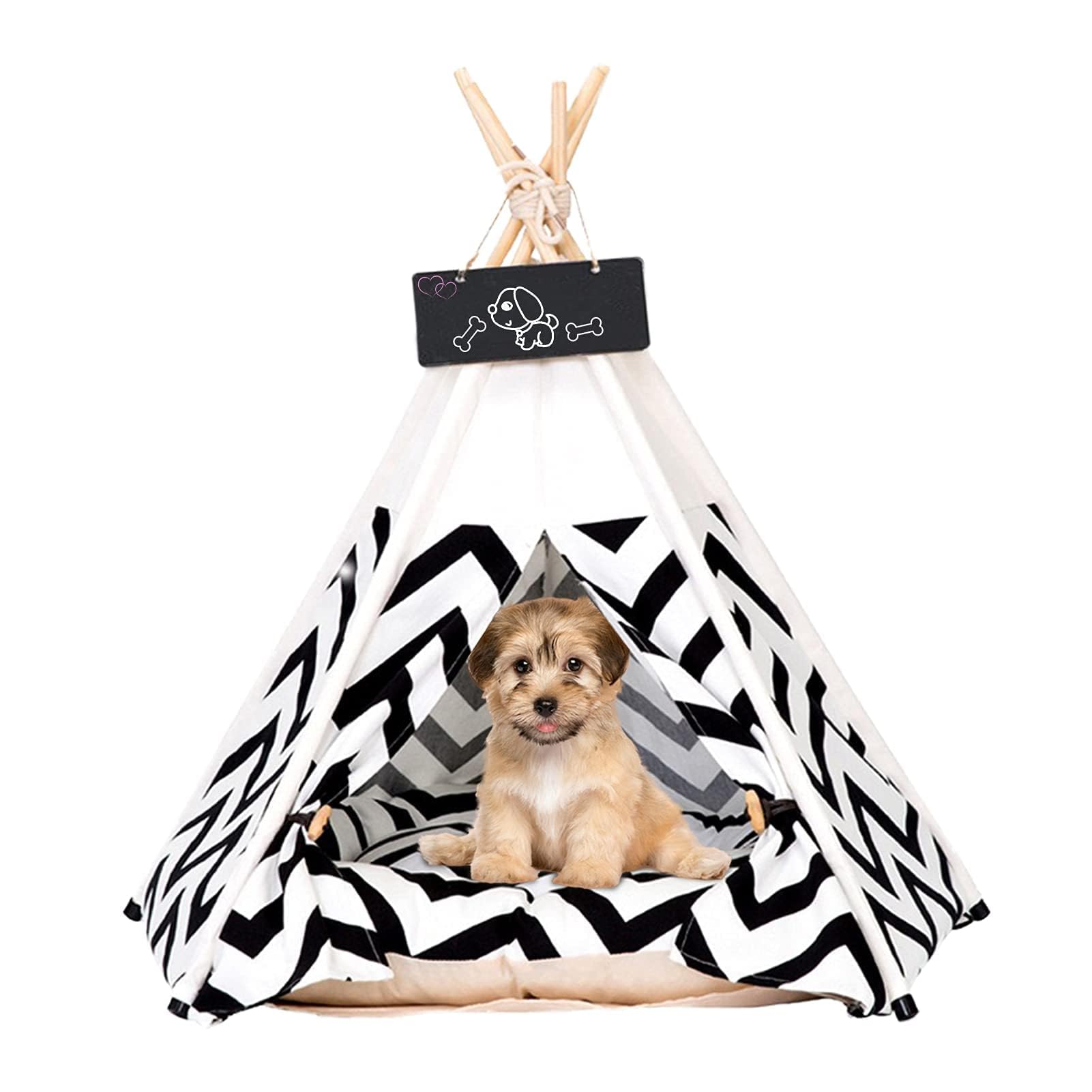 Pet Teepee Tents 60x60x70cm Dogs & Cats Bed Pet Play House Dog Tents with Thick Cushion & Blackboard Removable and Washable Dog Teepee Bed Dogs Cats Nest Play House Indoor Easy Assemble