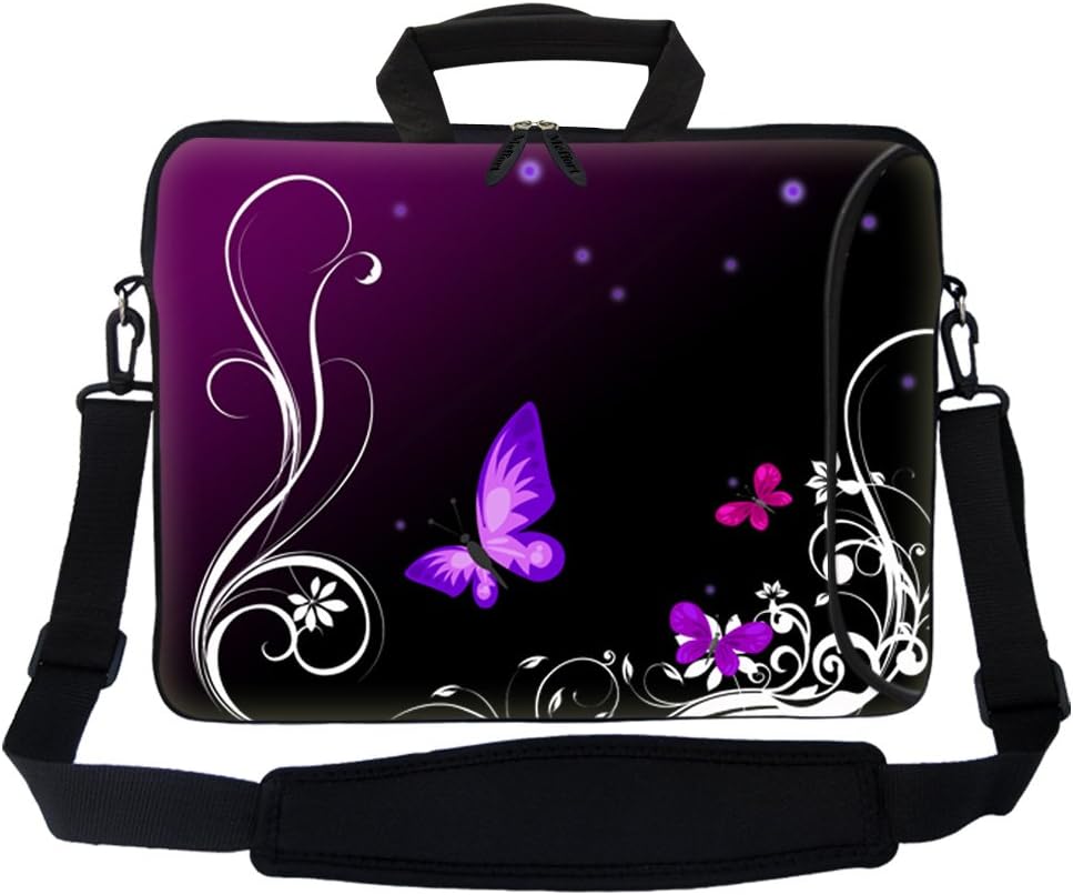 Meffort Inc 17 17.3 inch Neoprene Laptop Bag Sleeve with Extra Side Pocket, Soft Carrying Handle & Removable Shoulder Strap for 16" to 17.3" Size Notebook Computer - Purple Butterfly Swirl