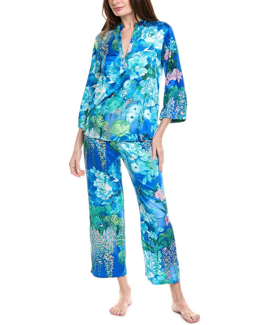 N Natori Women’s Wisteria Garden PJ Set Length 25″ Inseam 26″, Blue/Green, Extra Large