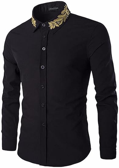 jeansian Men's Gold Leaf Embroidery Long Sleeves Shirts 84J4 Black L