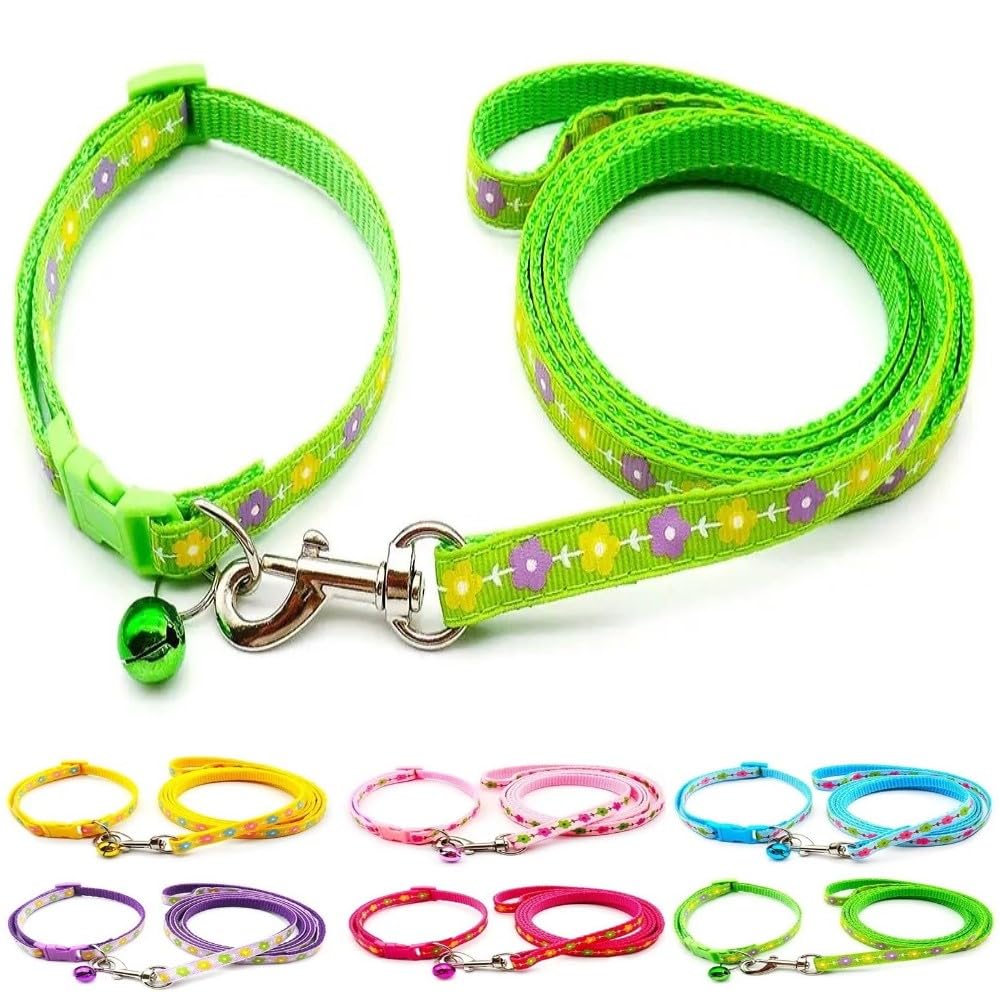 Small Dog Puppy Pet Collar and Lead Set Flower Design Nylon Adjustable Size 19-32cm Collar with Bell and 120cm Leash Green