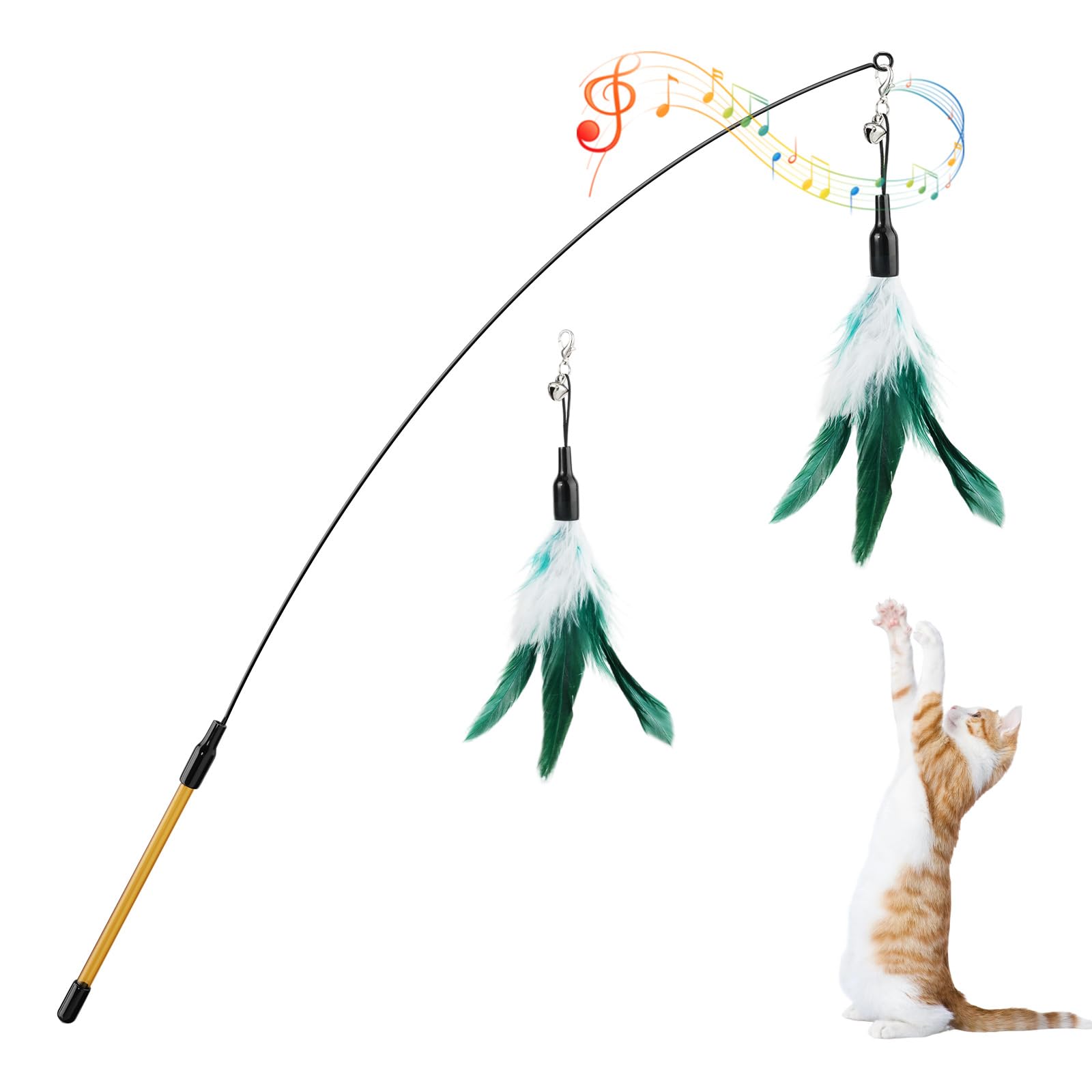Pawaboo Feather Teaser Cat Toy - Interactive Wand With Extra Long 34.5" Handle and Small Bell - Fun Exerciser for Kitten or Cat, White & Green
