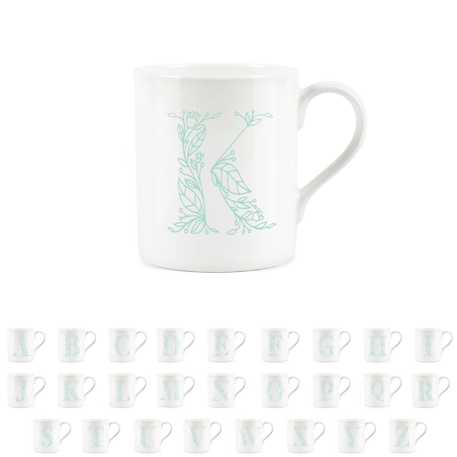 Purely Home Floral Green Letter K Mug - Fine Bone China Small Coffee Tea Mug Present Personalised Initial Gift