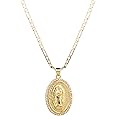 yipima 14K Gold Plated Guadalupe Virgin Mary Oval Pendant Necklace for Women Men Zircon Inlay Virgin Mary 3mm Flat Figaro Chain Necklace