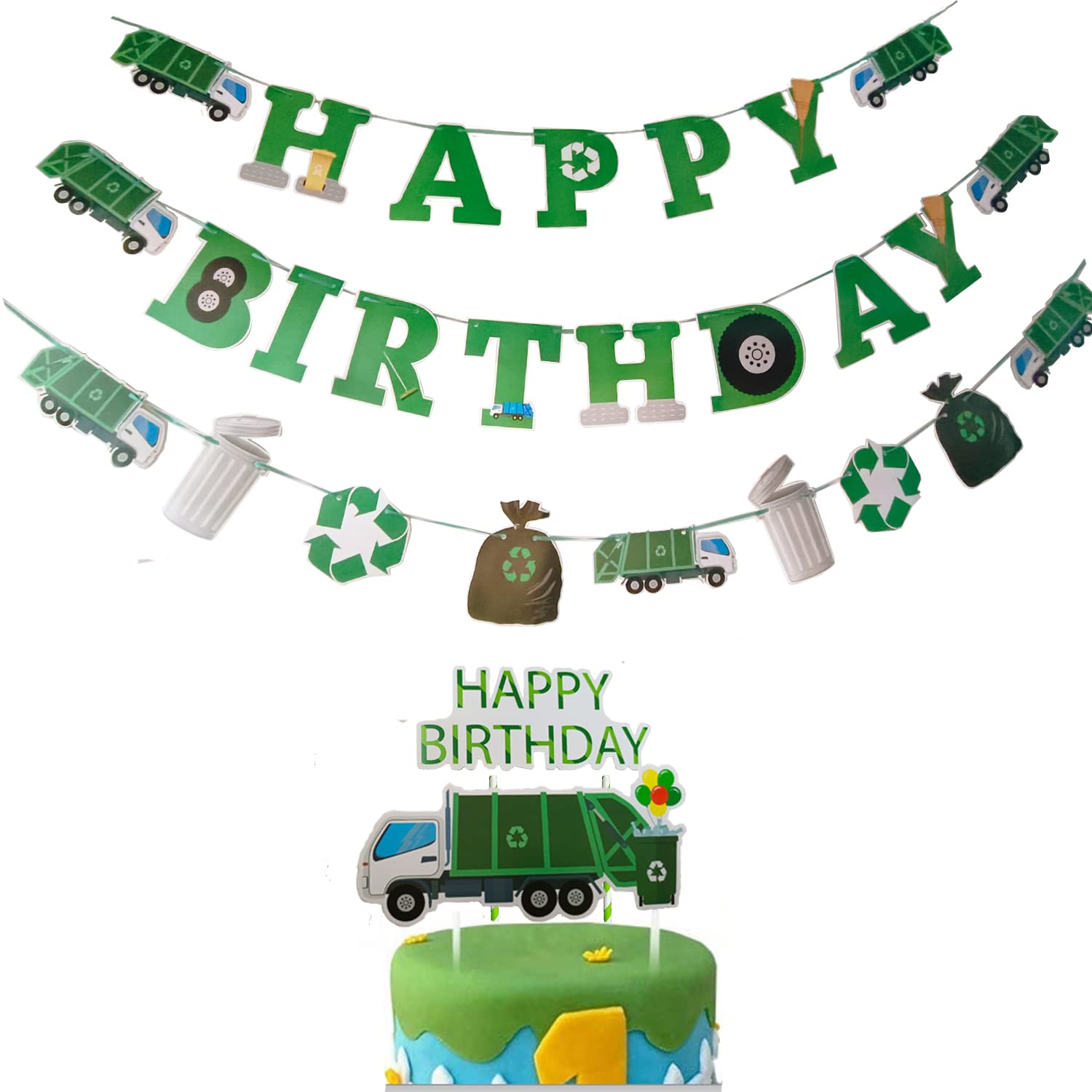 Garbage Truck Birthday Banner Trash Truck Party Supplies Waste Management Recycling Decorations Set Cupcake Topper for Kids Boys Girls Farm Theme Party Supplies