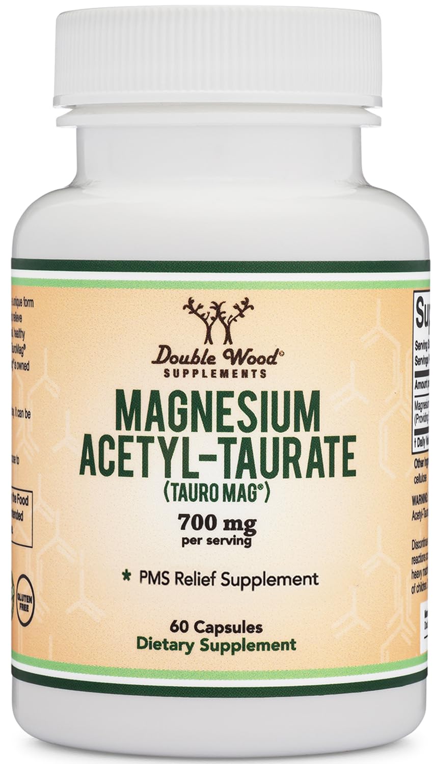Magnesium Acetyl-Taurate (ATA MG, TauroMag) Novel and Patented Form of Magnesium for PMS and Cramp Relief (60 Capsules, 350mg) PMS Relief Magnesium Supplement by Double Wood Supplements
